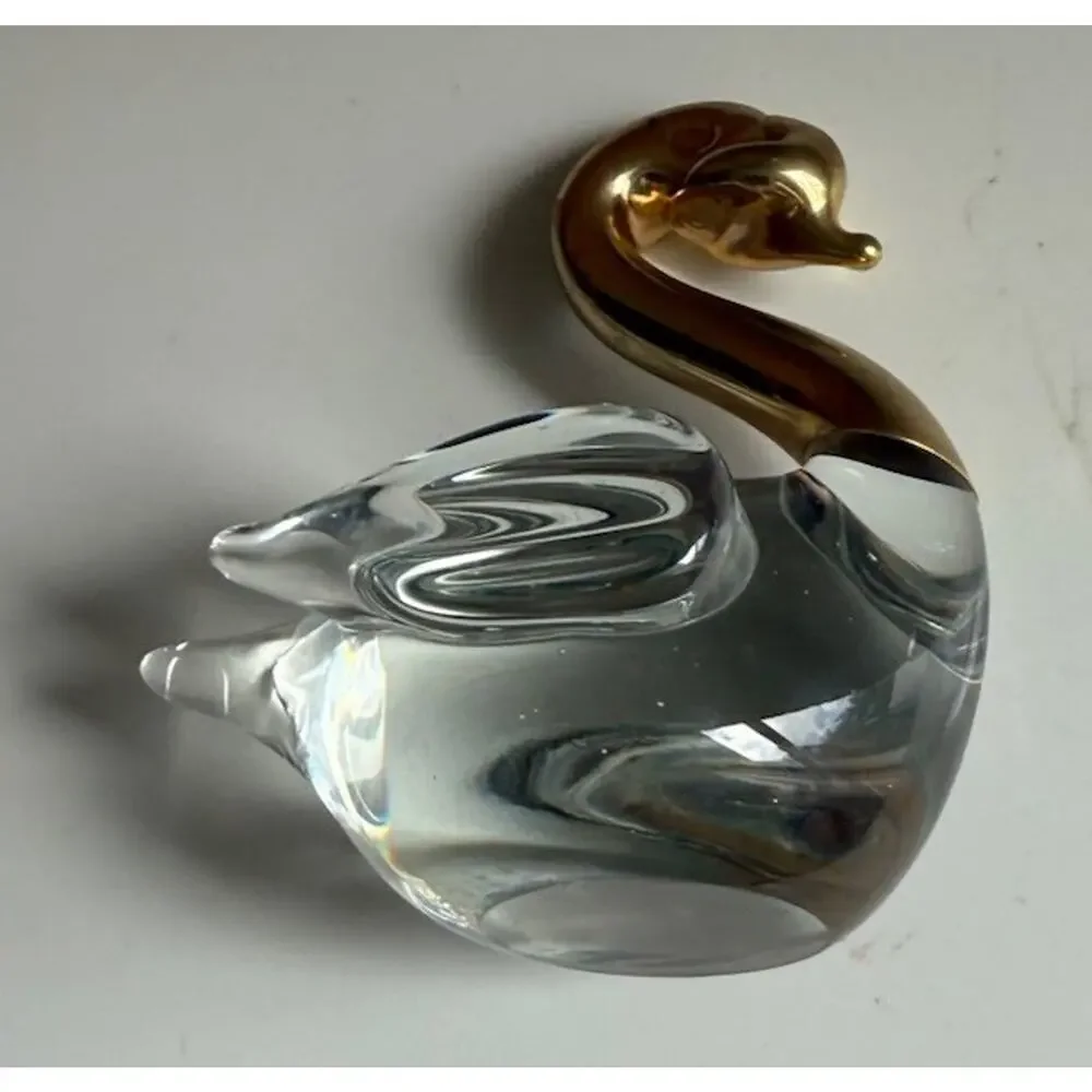 Art Glass Swan with Gold Colored Head Neck and Controlled Bubbles in Body 3x3